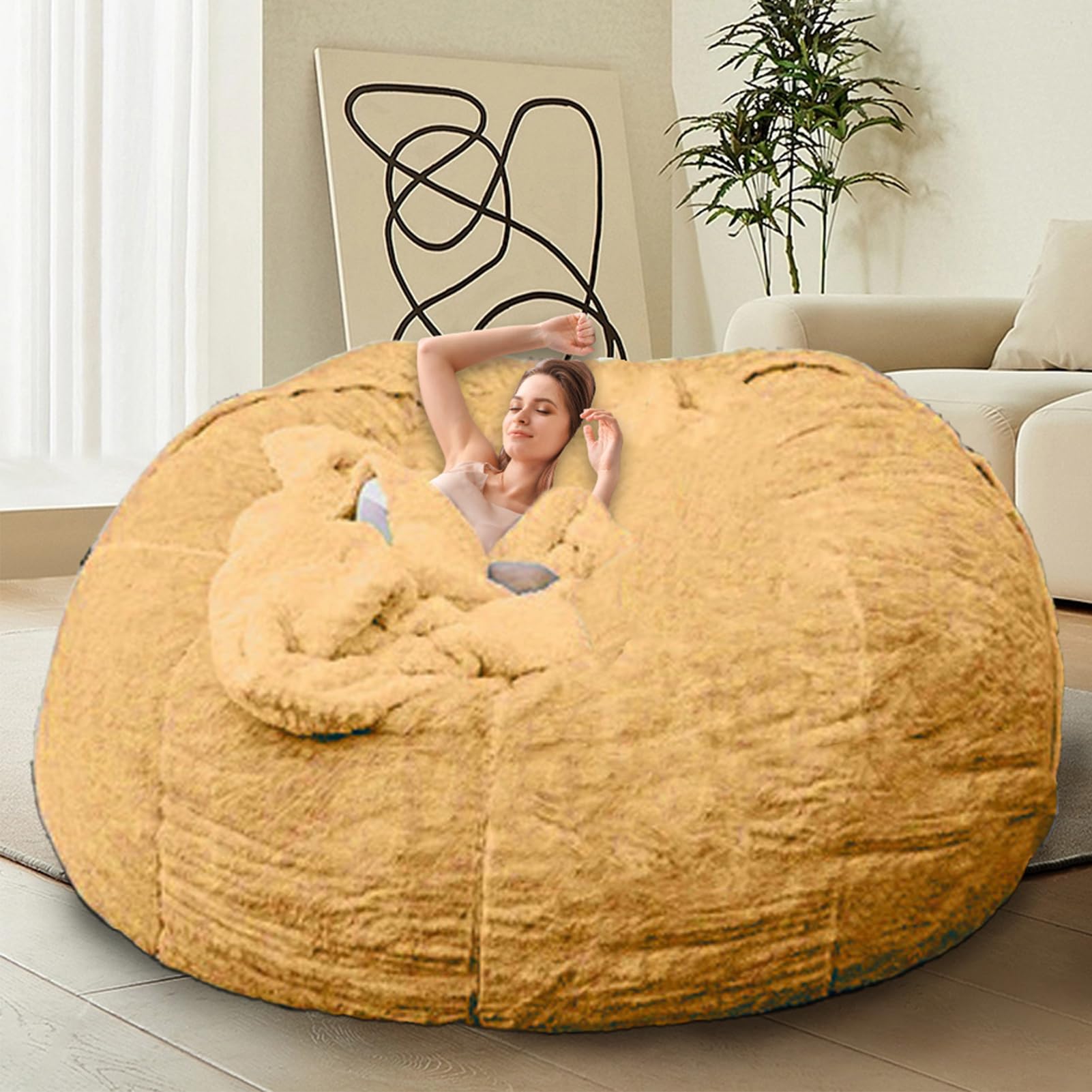 HDMLDP Bean Bag Chairs for Kids Comfy Fluffy Big Joe Bean Bag Chair Cover Without Filler Round Sofa Chairs for Bedroom Living Room Decor, 5FT, Yellow