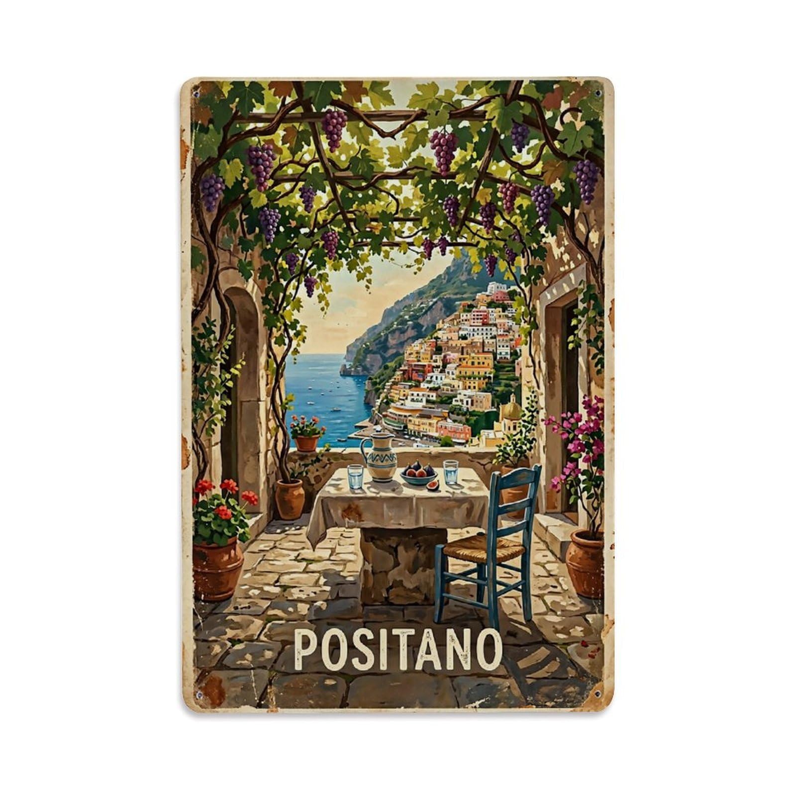 Huiyhb 8X12inch(20X30cm) Vintage Travel Positano Italy Vine Courtyard Shade Metal Tin Sign