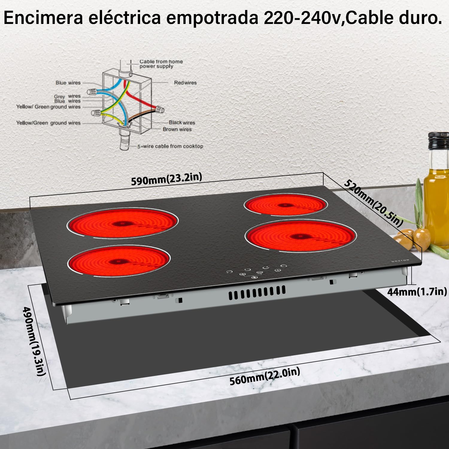 NOXTON Placa vitroceramica 4 fuegos, 60 cm, Control táctil, 6000 W | 9 niveles de potencia, Bloqueo para niños, Indicador de calor residual, 220-240V, Encastrable, Sin enchufe.