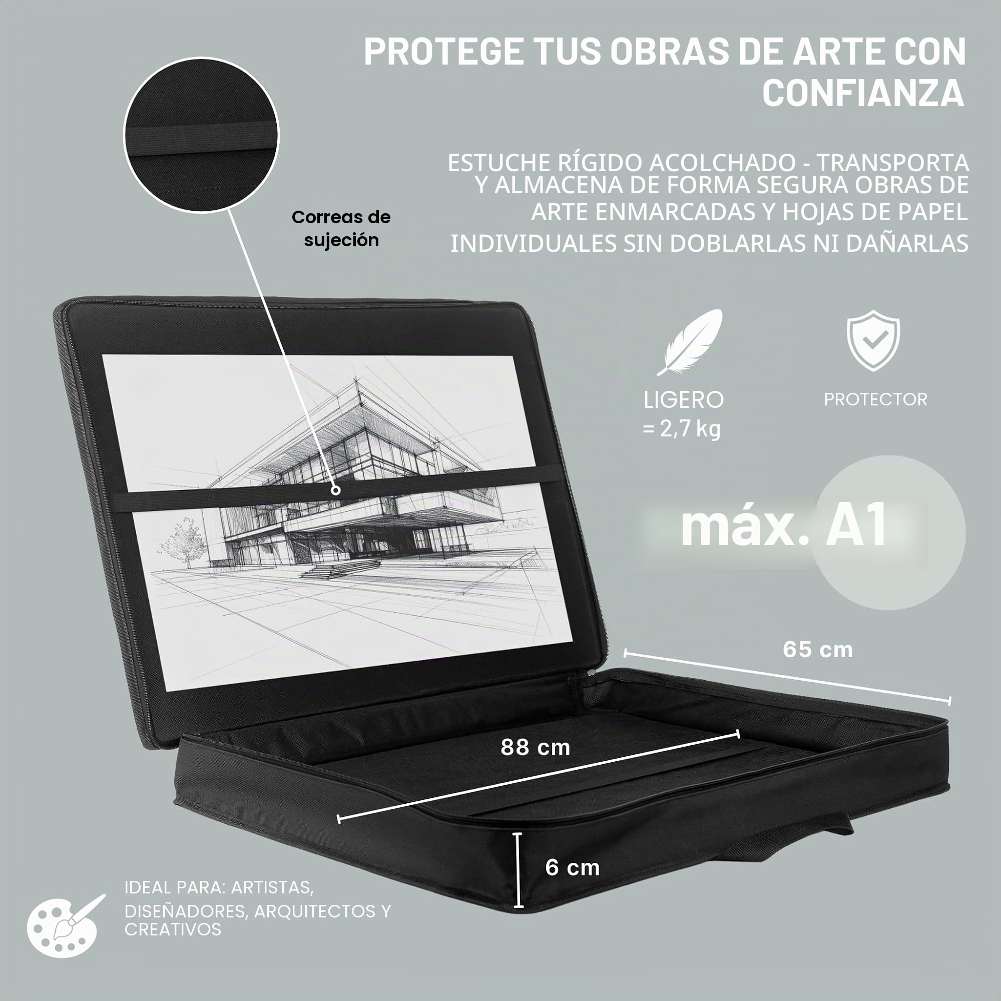 Le'arte Artcase Max DIN A1 - Funda tipo cartera de artistas, tapa dura, carpeta de dibujo A1, bolsa de transporte de documentos, 90 x 66 x 8 cm, resistente al agua, poliéster, formato grande, tapa dur