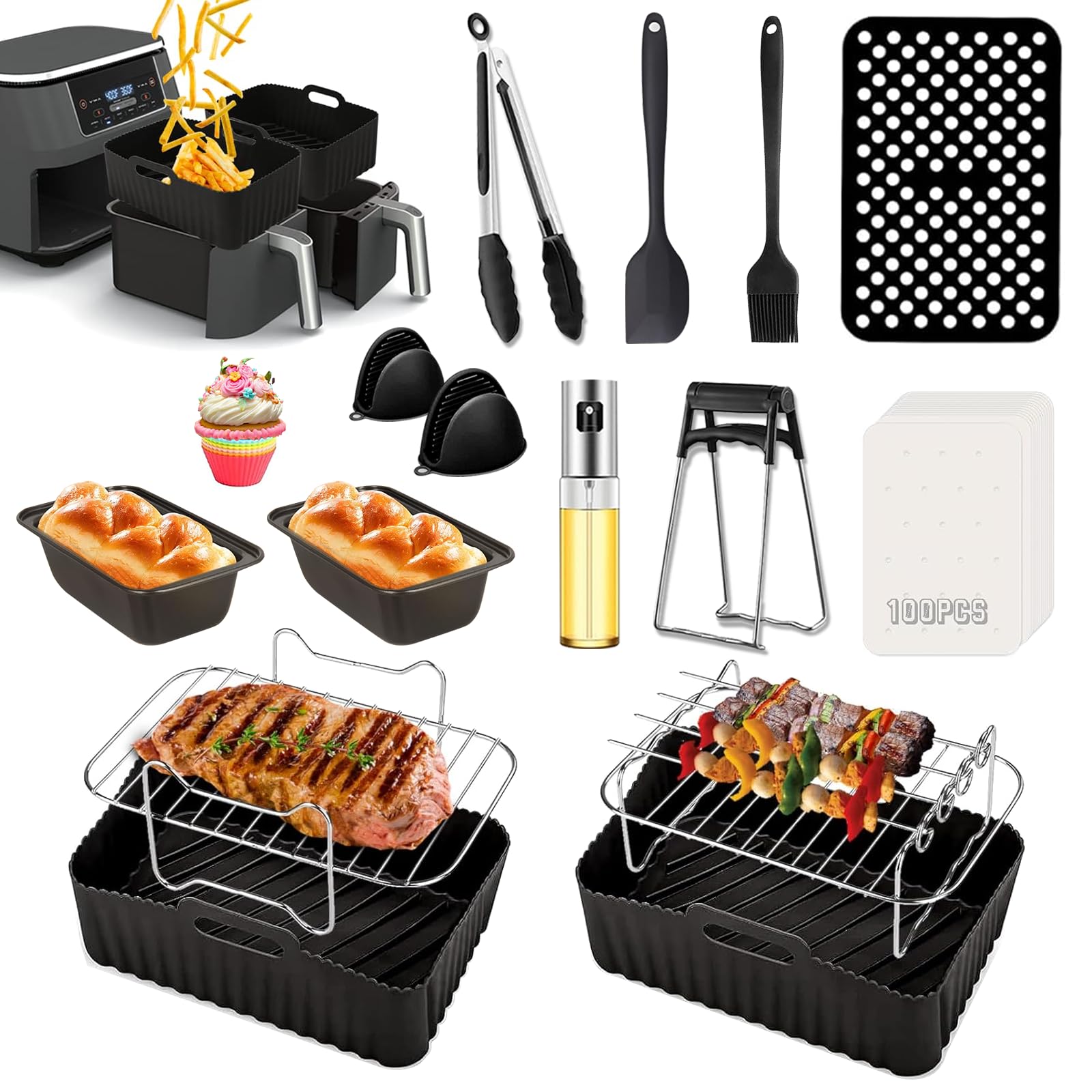 Set Accessori Per Friggitrice Ad Aria Da 21 Pezzi, Compatibile Con Ninja Foodi Dual Zone AF300EU E Cosori, Include Teglie Silicone, Griglie, Carta Forno, Pinze