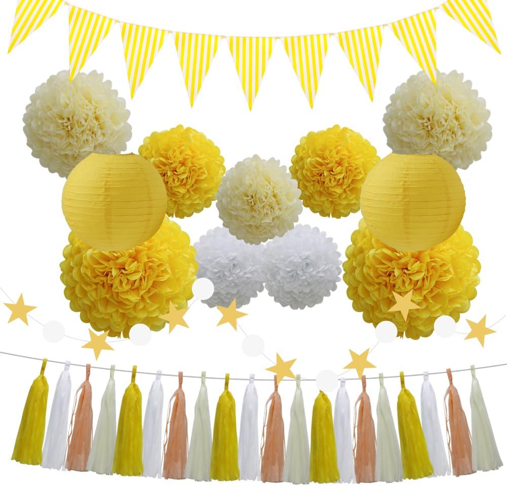 33pcs Party Decoration Supplies Set, Yellow Tissue Paper Pom Poms Flowers Paper Lanterns Tassels Hanging Garland Banner Triangle Flag Bunting for Birthday, Bridal, Baby Shower, Wedding Graduation