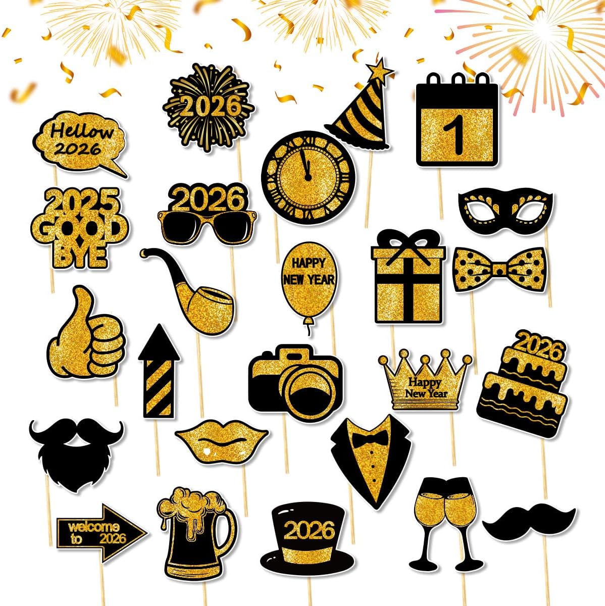 25 Pcs Happy New Year Photo Booth Props 2026, New Year Eve Grad Party Supplies Black Gold Funny Photobooth Props New Year Decorations