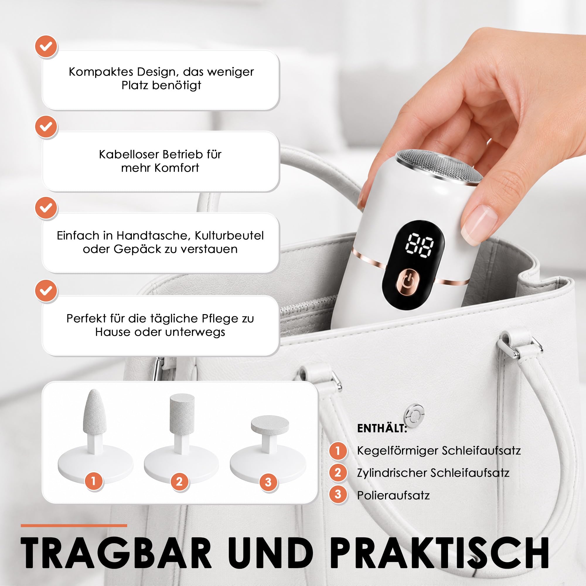 Elektrische Hornhautfeile für Füße, kabelloser, wiederaufladbarer Hornhautentferner für abgestorbene Haut und raue Fersen, 3-stufiges Pediküre-Werkzeug mit 2 austauschbaren Schleifköpfen