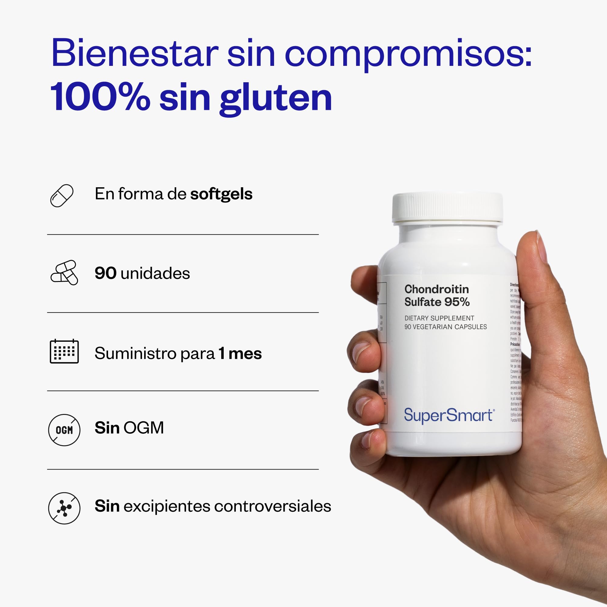 Sulfato de condroitina al 95% - Alivio del dolor articular - SuperSmart | Cuidado de articulaciones, huesos y músculos - Pureza excepcional (95 %) - Sin OGM
