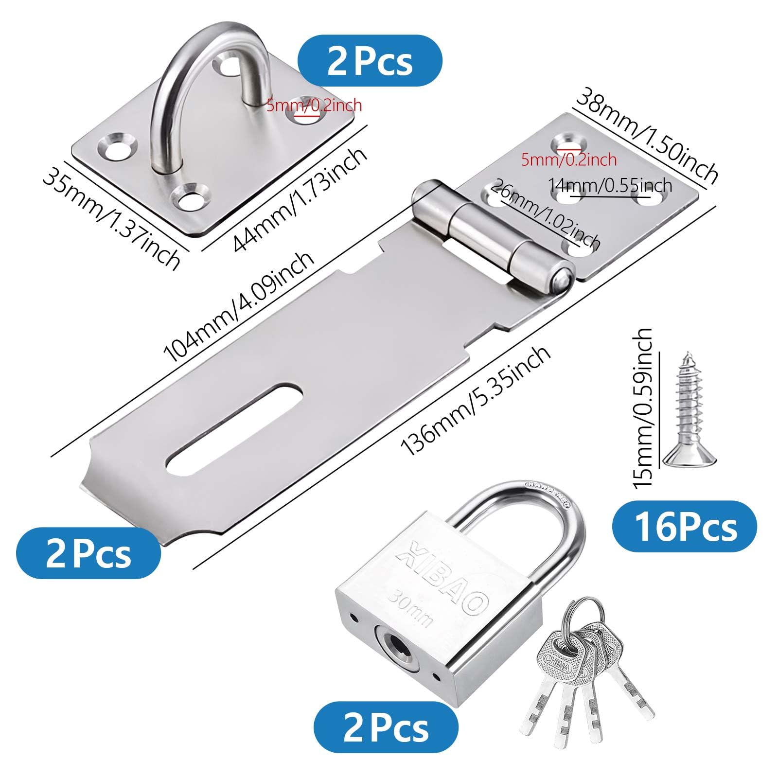 Chiavistello con Lucchetto,4 Pezzi Lucchetto Chiusura Hasp in Acciaio Inox,30 mm Lucchetto con 8 Chiave,Chiavistello Porta con Lucchetto a Viti per Armadi,Cassetto e Cancello