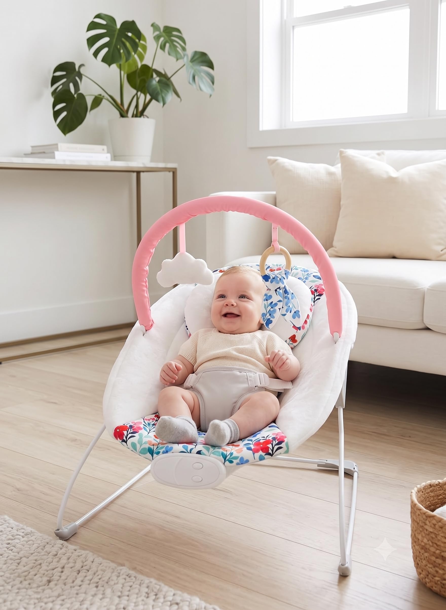 LADIDA My First Baby Sdraietta con Musica Lenitiva e Vibrazione, Barra Giocattolo Rimovibile con 2 Giocattoli Adatto per Neonati