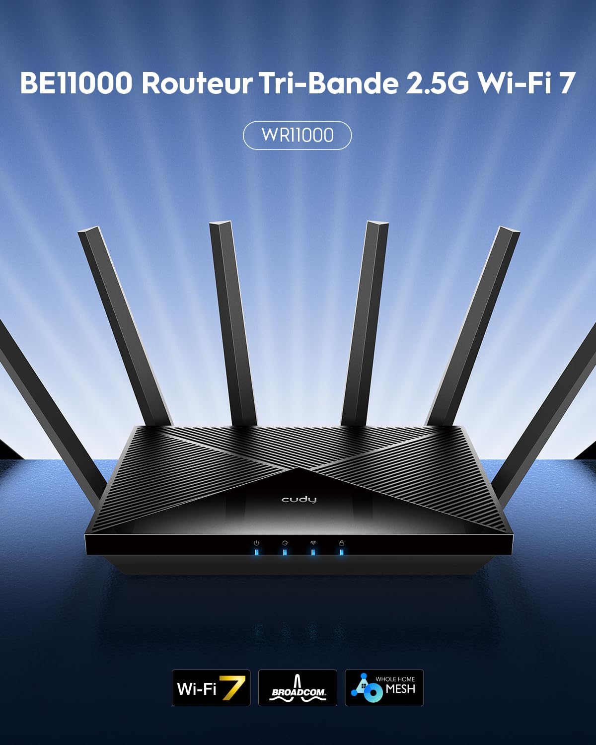 Cudy Routeur Wi-FI 7 BE11000 tri-Bande, 6 Flux 10 Gbit/s, 4 Ports 2,5 G, jusqu'à 11 000 Mbps, Serveur et Client VPN, Application Cudy, Mesh et antennes à Gain élevé WR11000