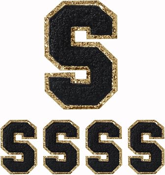 4 PCS Black Chenille Letter Patches, Heat Transfer Embroidered Letters, Glitter Patches, Varsity Iron on Gold Letter Patches, Sew On Letter Patch for Repair and Decoration 3.1in Height Letter S