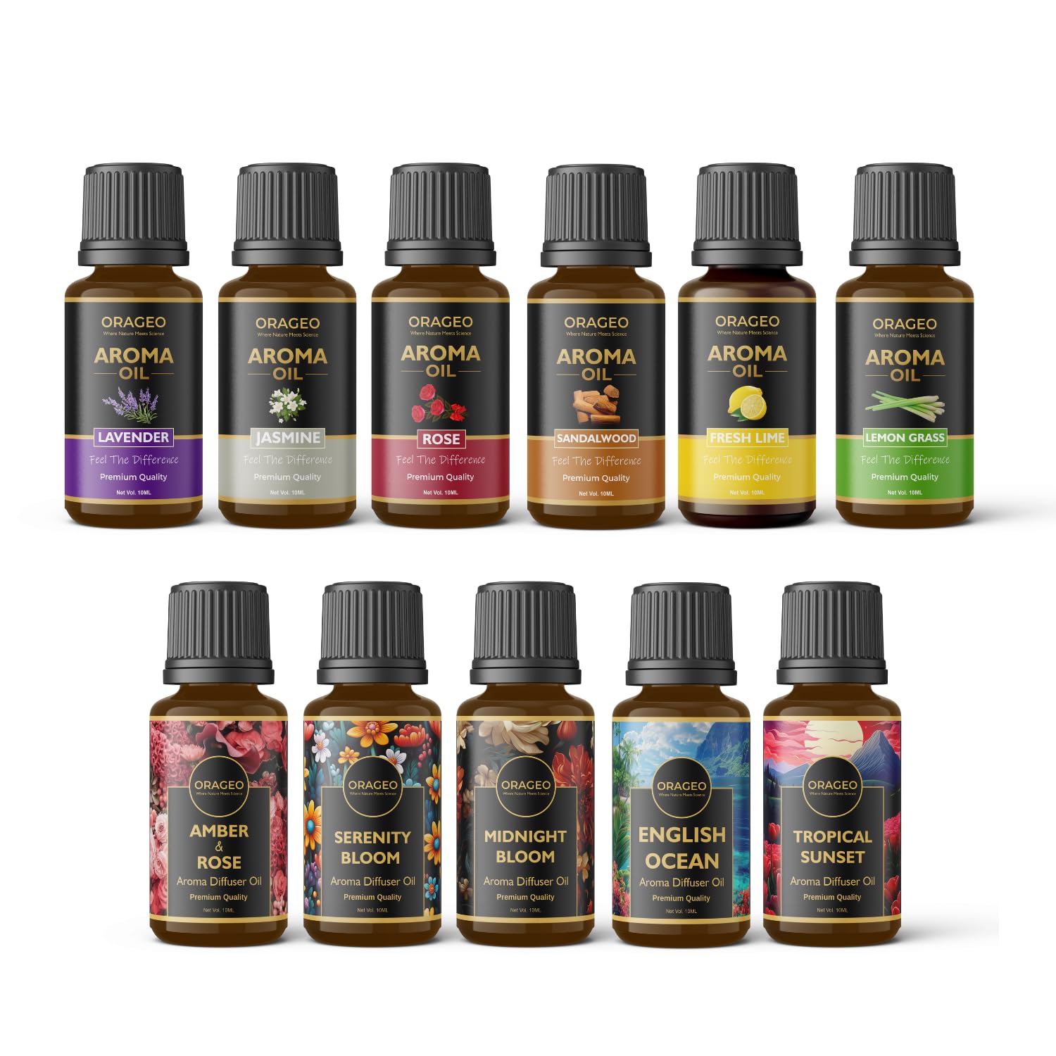 ORAGEO Aroma Diffuser Oil - Pack of 10 Lavender, Lemongrass, Jasmine, Lime, Rose, Sandalwood, Amber Rose, English Ocean Long Lasting Aroma Fragrance Oil for Home, Office, Candles Best For Gifting
