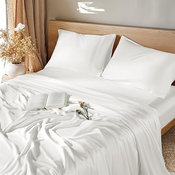 LBRO2M 100% Mulberry Silk Satin Sheets Set Queen Size Silk Fitted Sheet16 Deep Pocket Cool Bedding Sheet 4 Piece Wrinkle Resistant Queen, White
