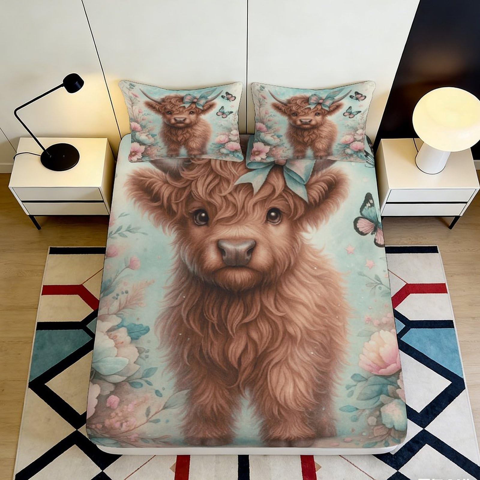 3D Printed Highland Cow Fitted Sheet Microfiber Soft Anti-Slip Cartoon Animal Mattress Cover for Bedroom Dorm Decor 120x200x25cm