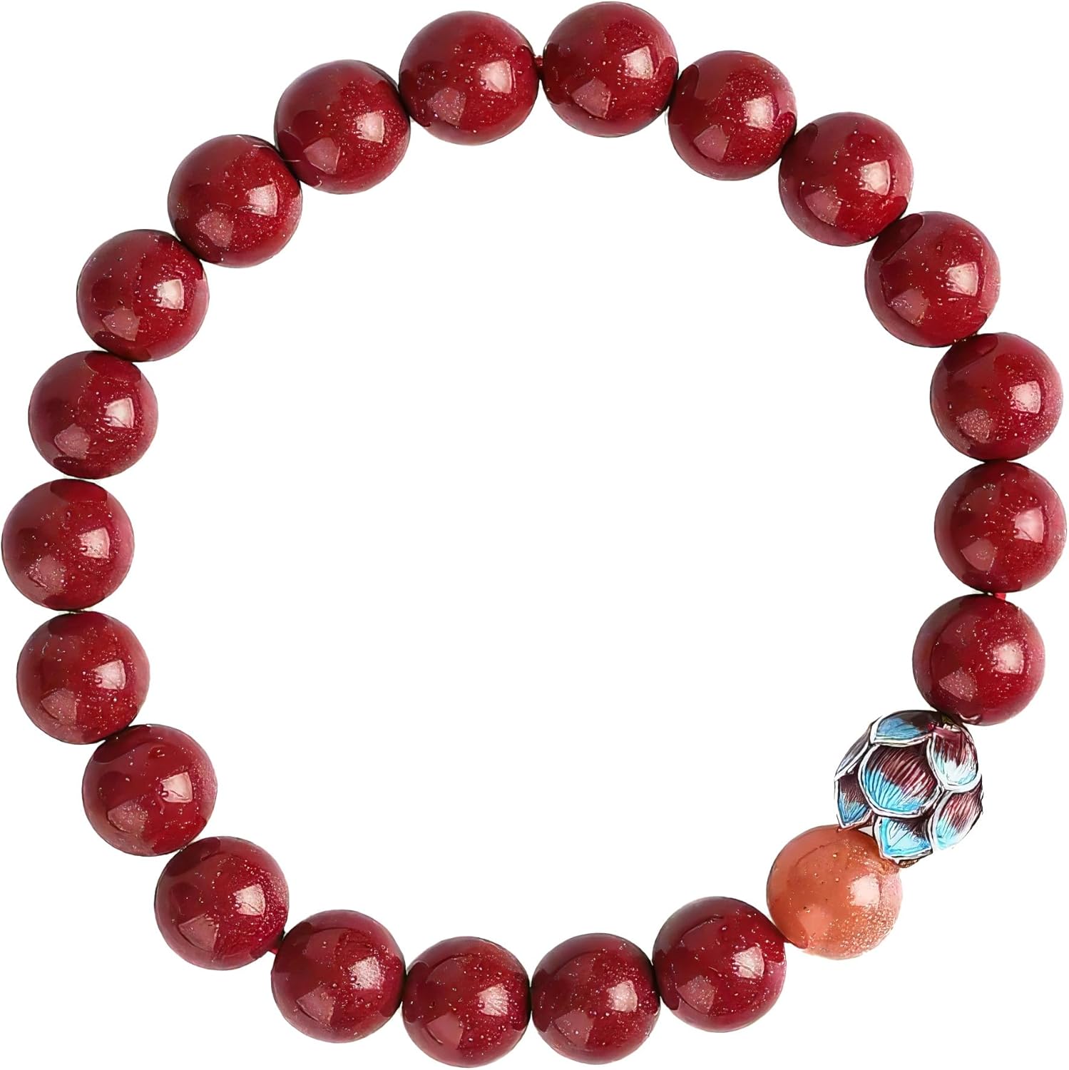 Cinnabar Lotus Bracelet for Women, Feng Shui Spiritual Jewelry, Beaded Stretch Good Luck Amulet with Sunstone Accent.