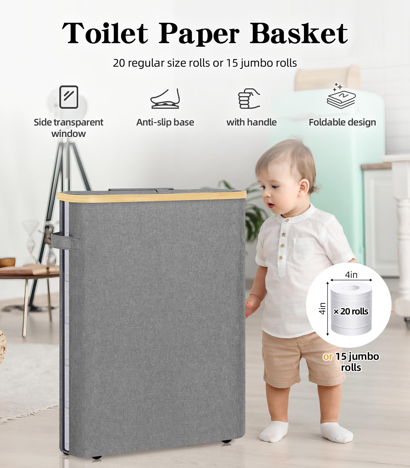 Cesto portaoggetti pieghevole per carta igienica, con coperchio e manico, per 15-20 rotoli, impermeabile, autoportante, per bagno, contenitore per carta igienica per armadio camper (grande, grigio)