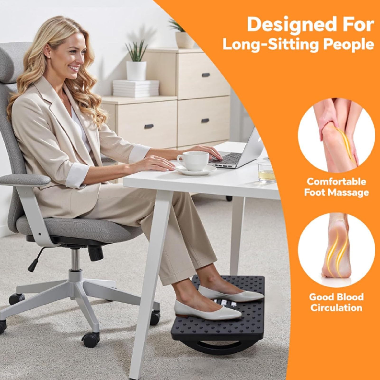 Poggiapiedi Ergonomico da Ufficio con Rulli Massaggianti | Base Antiscivolo e Inclinazione Regolabile | per Massimo Comfort Seduto in Casa e Ufficio(Gray)