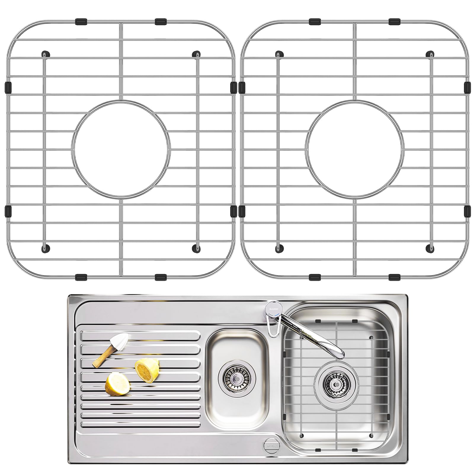 2Pcs Kitchen Sink Protector,304 Stainless Steel Sink Bottom Grid R50 Corners and Drain Cut-Outs for Kitchen,Bathroom and Laundry Room Sinks,34x30cm (Medium Hole 34x30cm - 2 pcs)