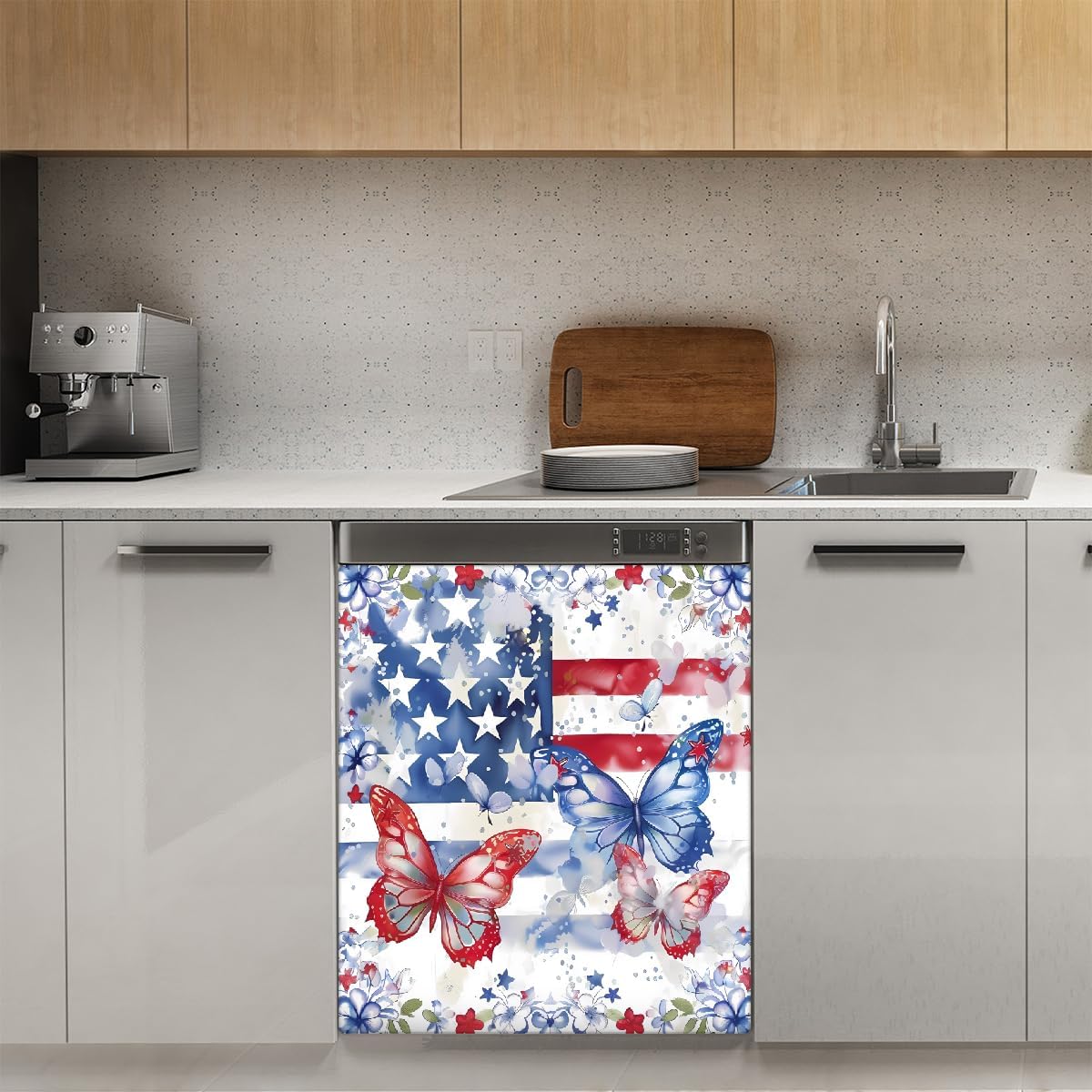Dishwasher Magnet Cover Red Blue American Flag Butterfly Reusable Dishwasher Magnetic Cover Sticker Decorative Dish Washer Door Covers Panel for Home Kitcen Appliance, 21x26 in