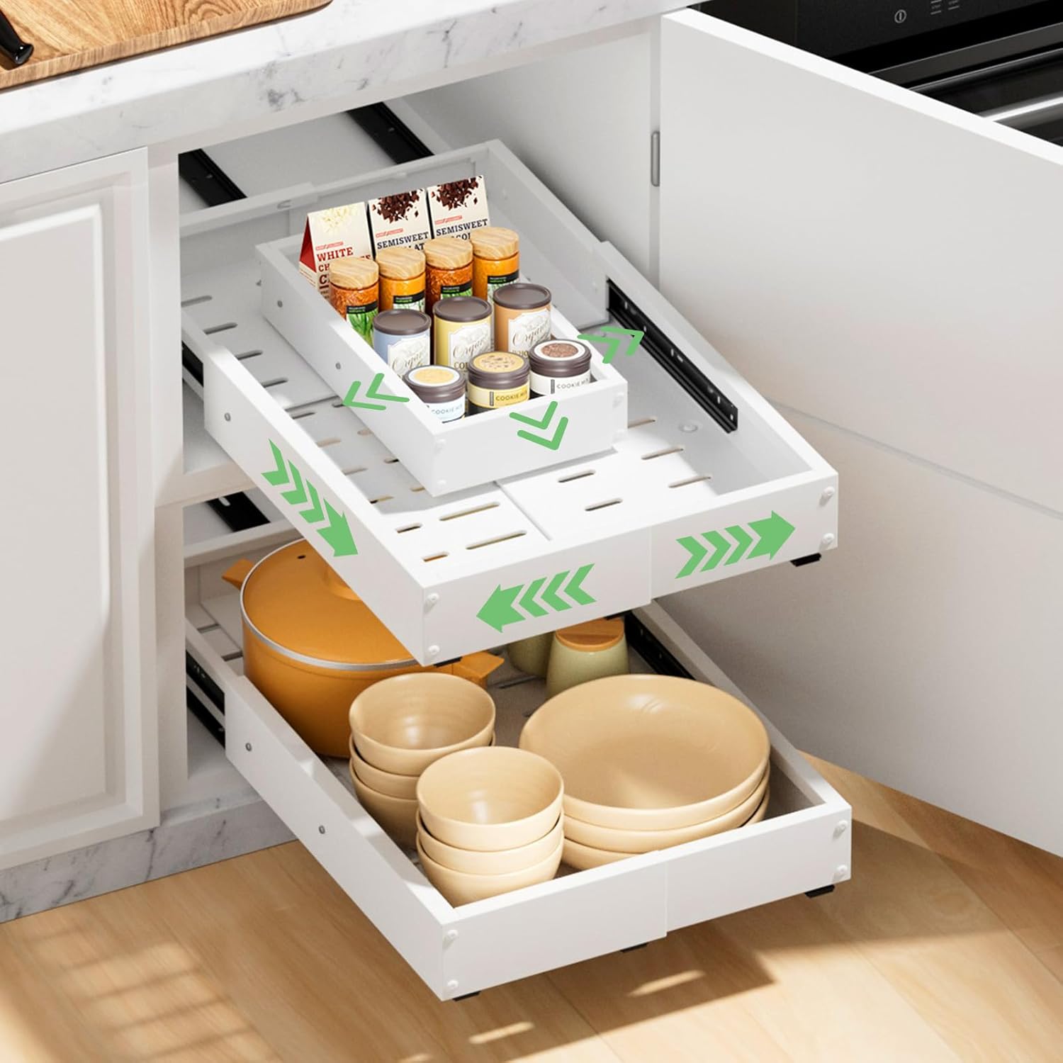2 Pack Pull out Cabinet Organizer, Width (10"-16") Depth (16"-24"), with 3 Rails Adjustable Slide, Expandable Pullout Drawers for Cabinets, No Drill Adhesive Kitchen Drawers for Pantry Shelves White 10"-16"W x 16"-24"D (2Pack)