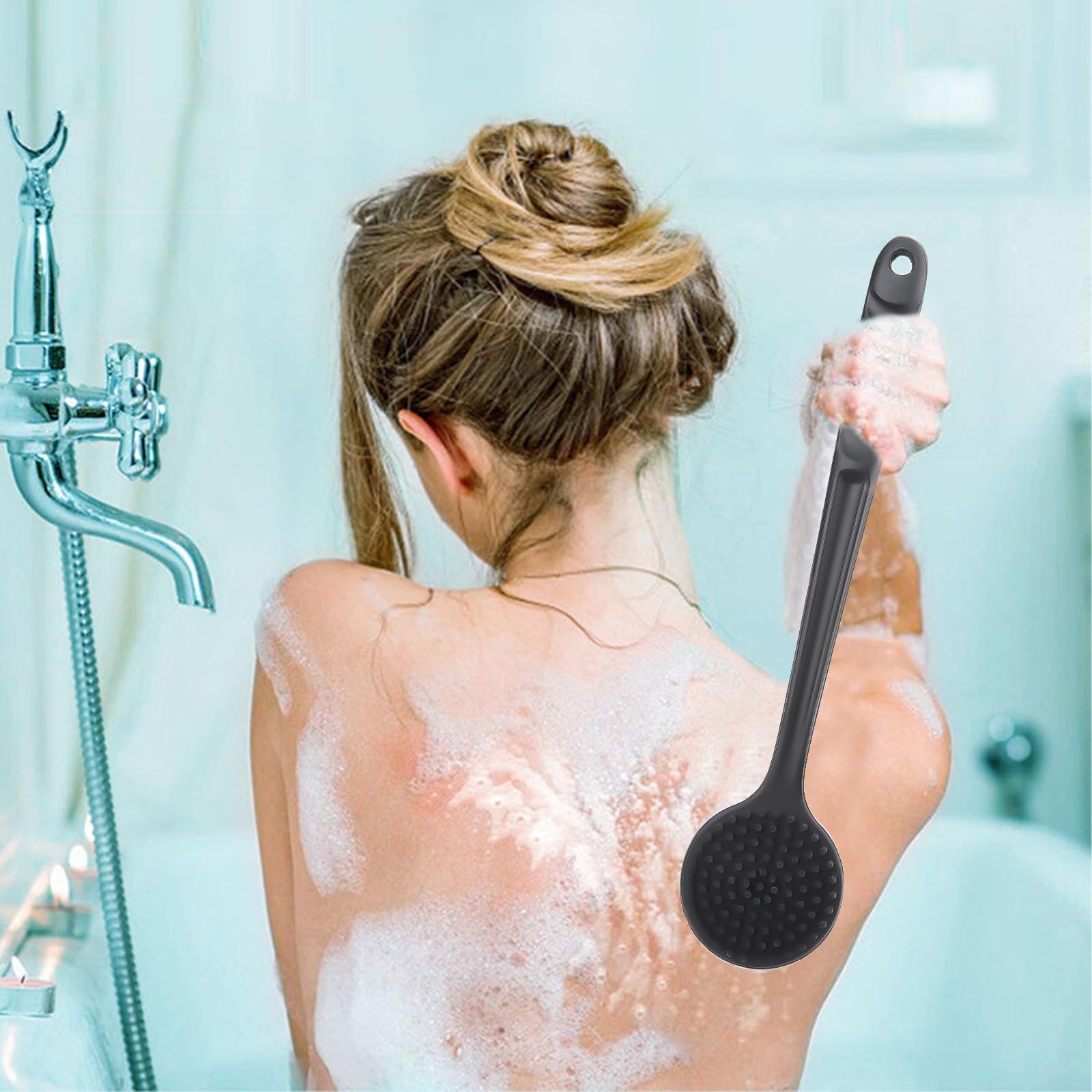 2 Pezzi Spazzola Schiena Doccia con Manico Lungo Spugna Silicone Corpo Nero Body Back Scrubber Lavaschiena per Doccia Esfoliante e Massaggio