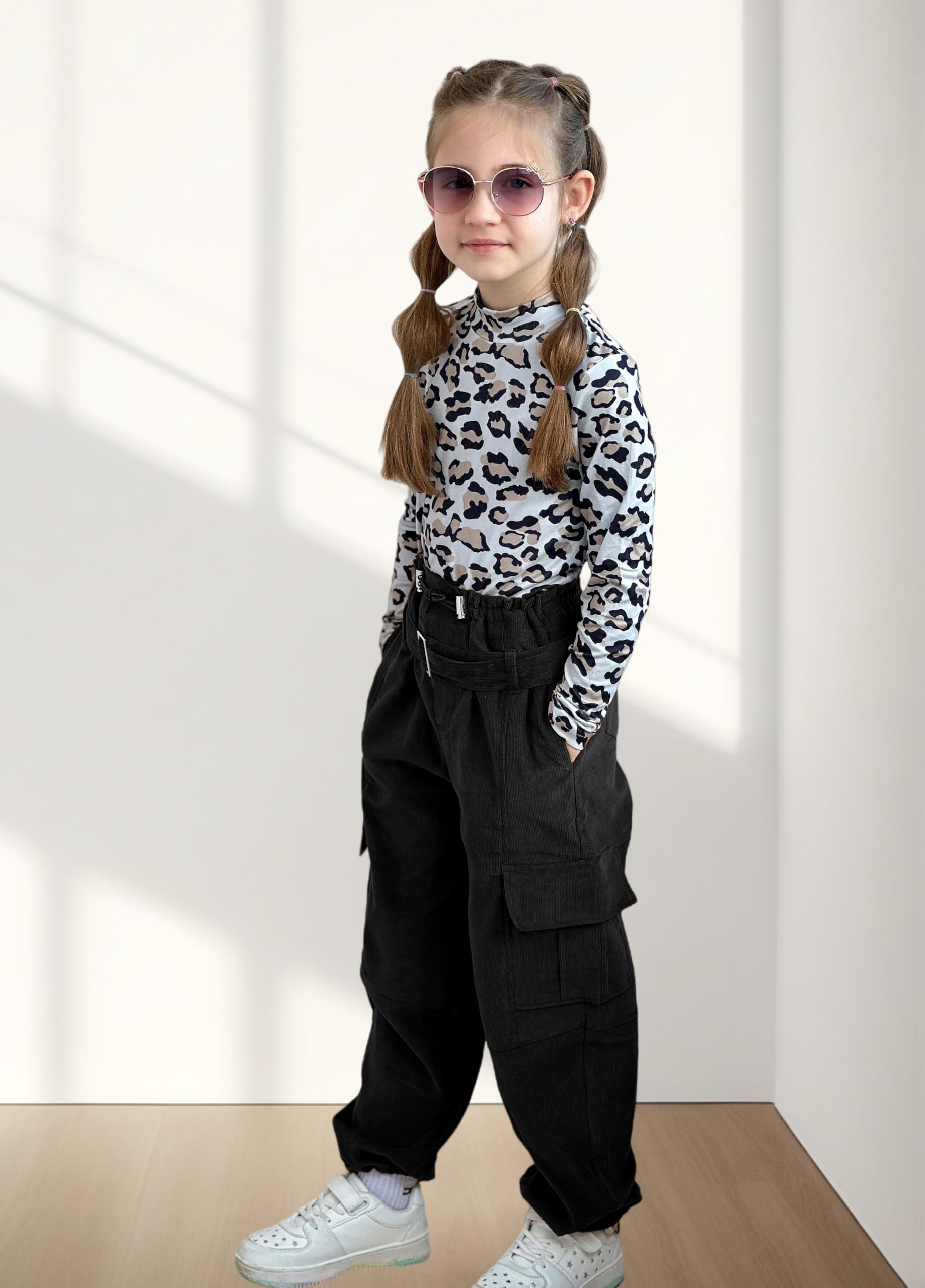 Rolanko Pantalon Cargo Fille avec Ceinture Réglable Taille Haute Élastiquée en Velours Côtelé Jogging Pantalon de Danse Hip Hop pour Enfants