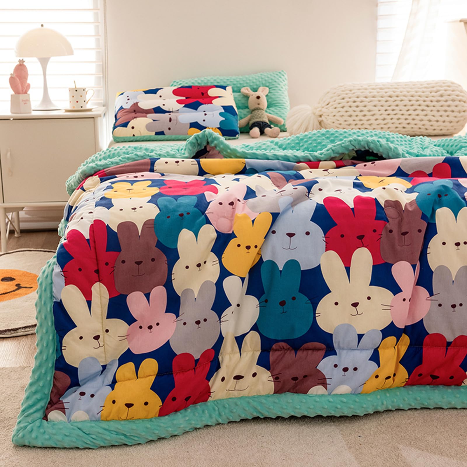 Kuscheldecke Wendedecke aus Minky, 3D-Noppen Decke, Dicke Wohndecke aus Baumwolle & Weichem Fleece, Atmungsaktive Flauschdecke Sofadecke Tagesdecke für Ganzjahres, Cartoon Bunt Hase, 120x150 cm