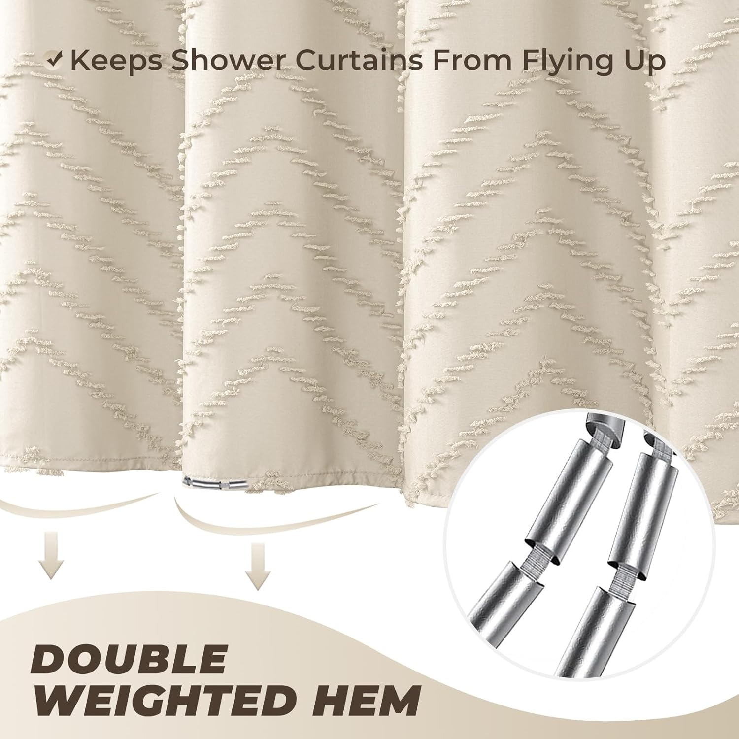 96inch Extra Long Beige Shower Curtain Modern Farmhouse Shower Curtain Bohemian Chic Tufted Chevron Textured Striped Minimalist Shower Curtains Woven Fabric Cute Beige Shower Curtains