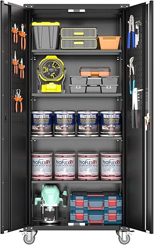 Miniatura 121 de Armario de almacenamiento de metal con tablero de clavijas de 31.5 x 31.5 x 16.5 pulgadas, armario de almacenamiento de acero con cerradura con 5