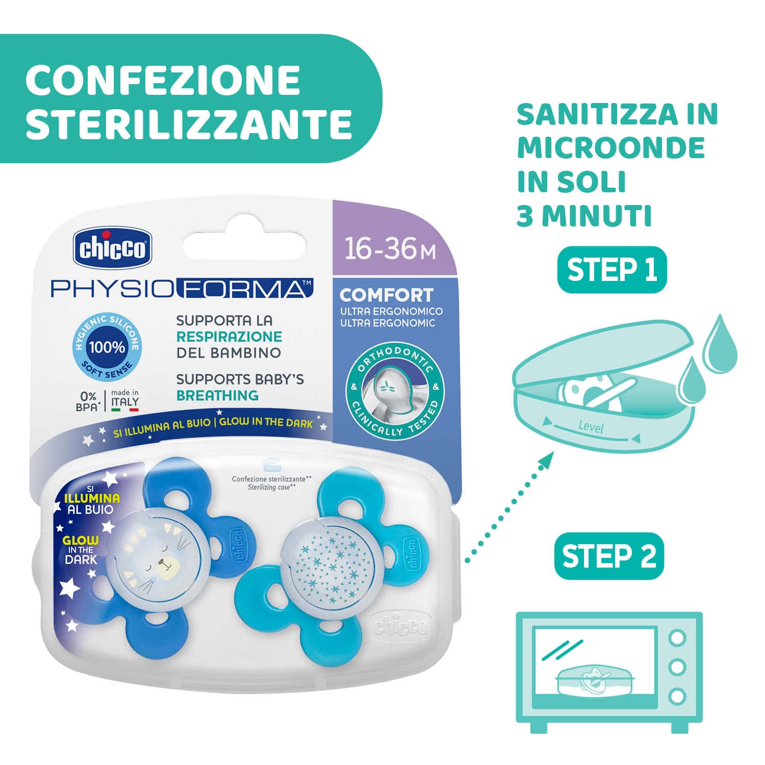 Chicco Physio Comfort Night Succhietto Silicone 16-36 Mesi 2 Pezzi