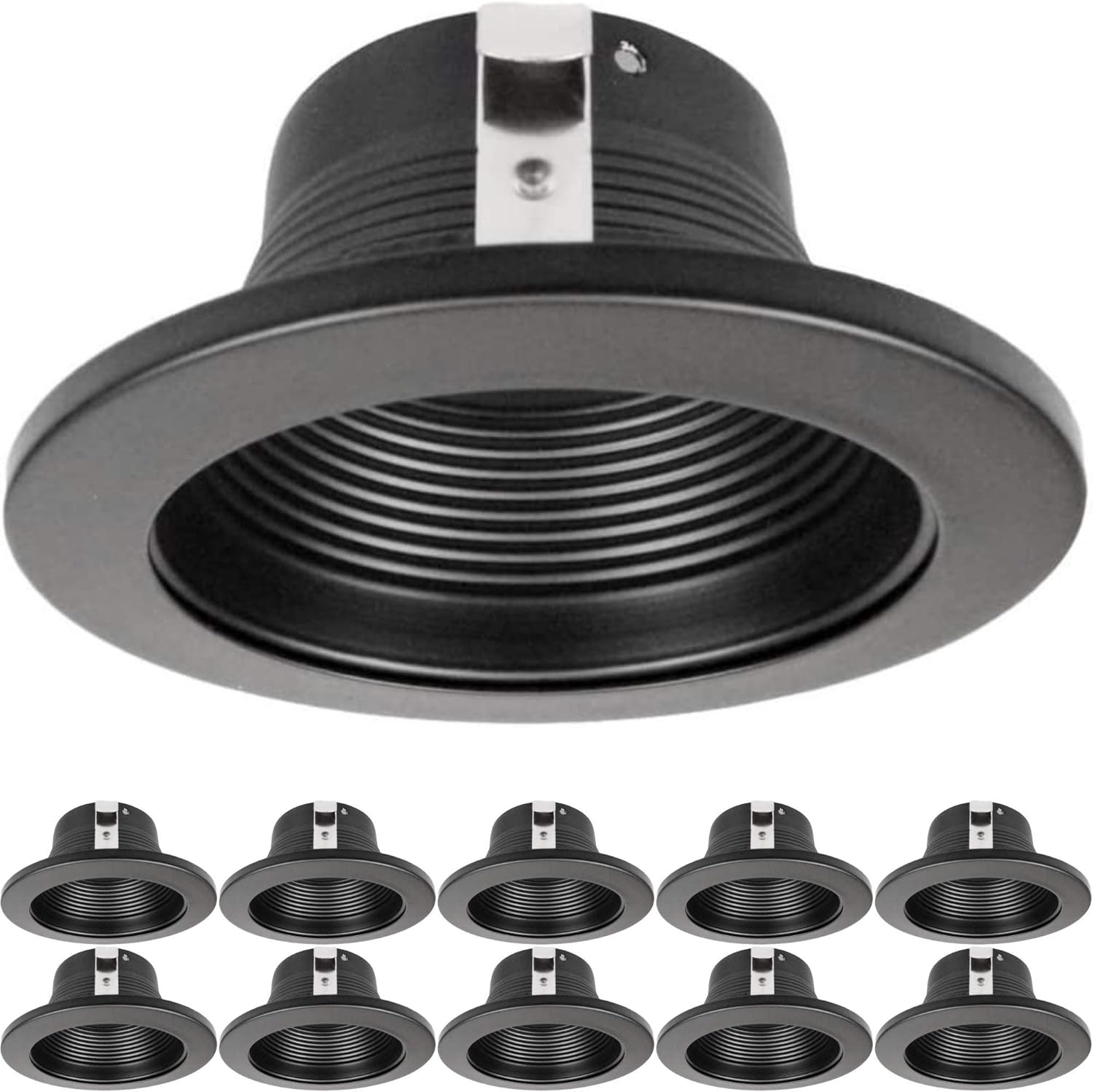 Four Bros 4-Inch Stepped Black Baffle LED Trim, Bulb Light Cover, for 4 in. Recessed Ceiling Can, Line Voltage, Use with PAR16, PAR20 and R20 Bulbs (Pack of 1)