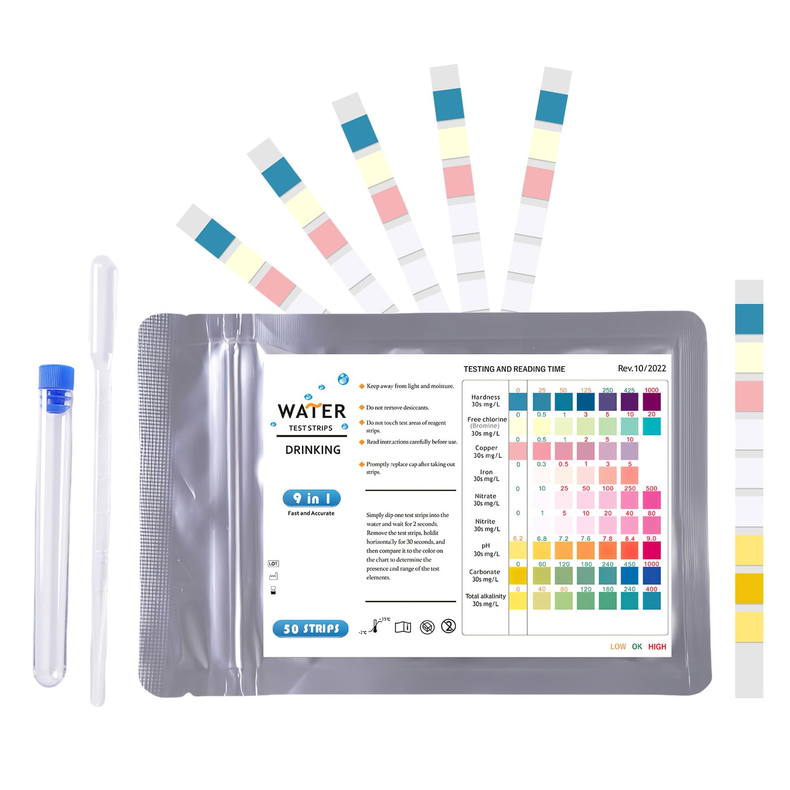 9-in-1 Aquarium Test Strips, 50PCS Fish Tank Water Test Kit for Carbonate Hardness Nitrate Nitrite Free Chlorine Iron Total Alkalinity Ph Copper, for Pools Pond (50 PCS) — image 1