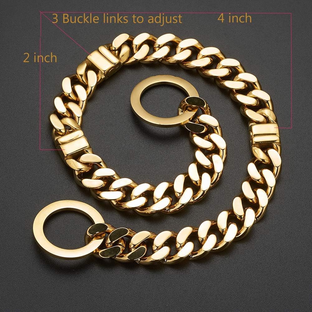 Adjustable 18K Gold Dog Collar Slip Choker Stianless Steel 15mm Big Dog Puppy Necklace Choke Chain Training Collar Cuban Link with Engraving Custom L