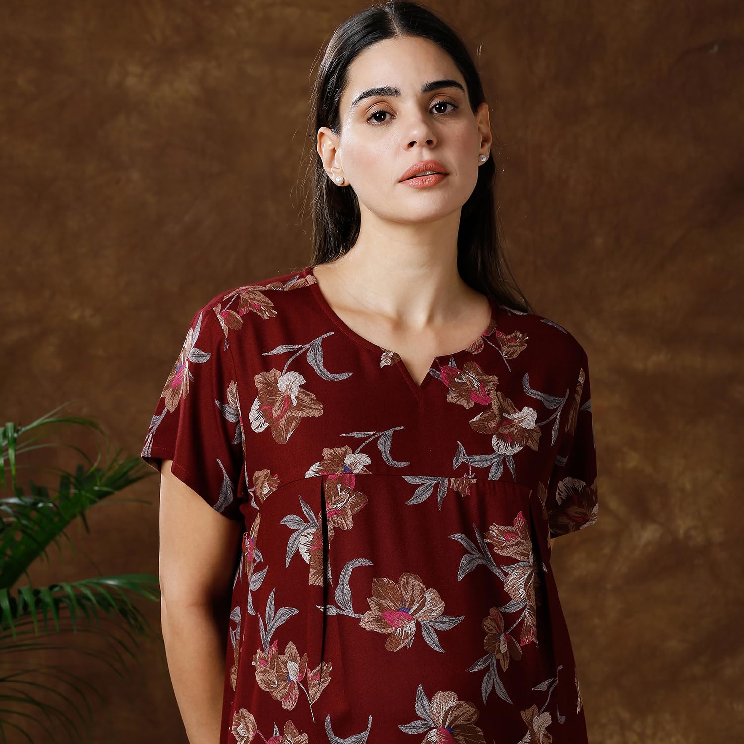 MomToBe Women's Cotton Maxi A-Line Nursing Nighty with Zippers for Nursing Pre and Post Pregnancy (Oak Maroon ; Free Size) - Image 7 thumbnail