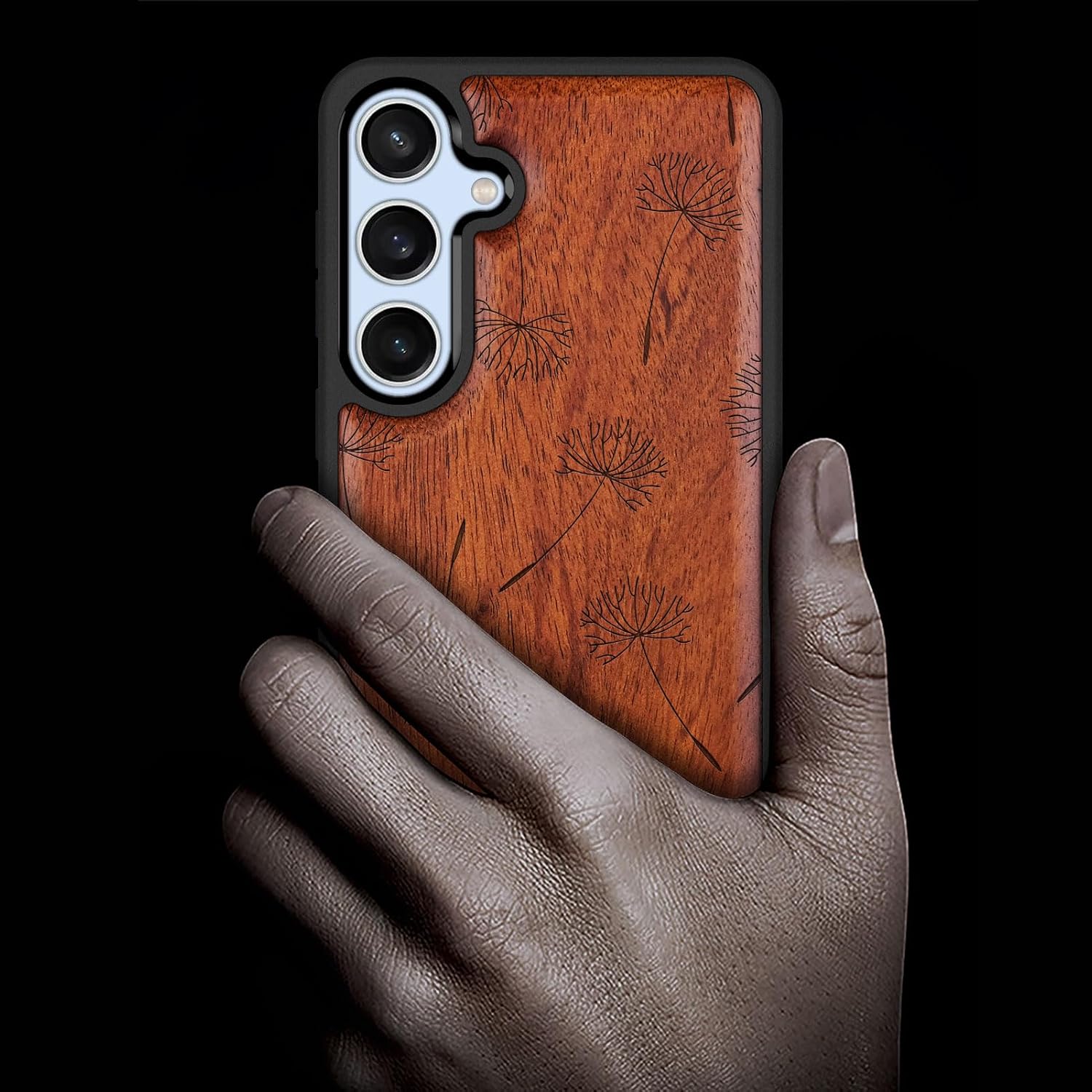 Carveit Wood Case for Galaxy S24 FE Case [Natural Wood & Black Soft TPU] Shockproof Protective Cover Unique Wooden Design Compatible with S24 FE (Seeds of Dreams and Freedom-Rosy)