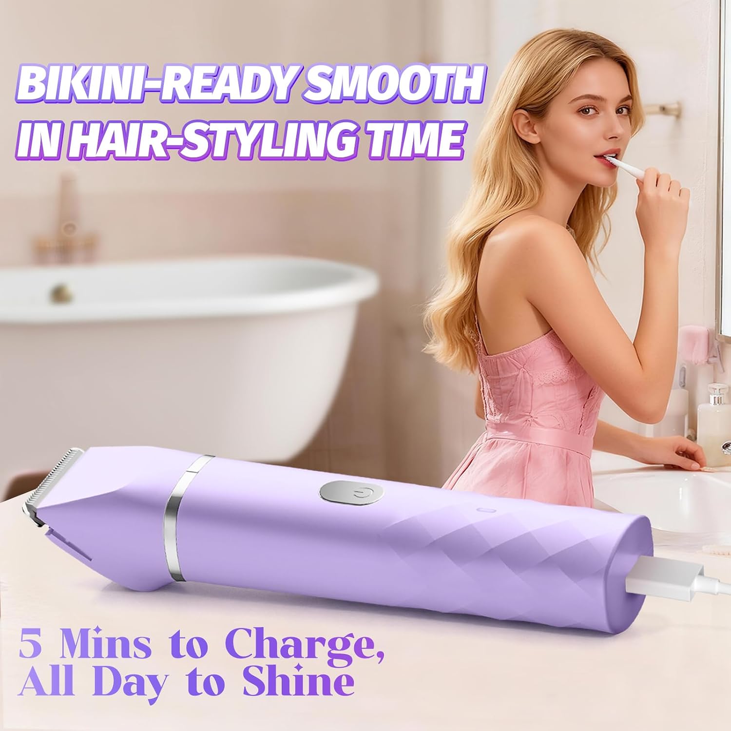 Bikini Trimmer for Women, IPX7 Rechargeable 2-in-1 Electric Razor, Purple