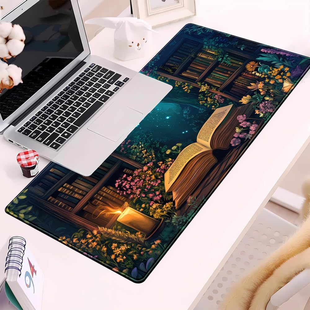 Gothic Desk Mat Gaming Desk Pad Blue Forest Large Mouse Pad, Mysterious Library Mouse Mat XXL Laptop Keyboard Pad, Vintage Gamer Mouse Pad Full Mousepads for School Office Home 31.5"x15.7" - Image 7
