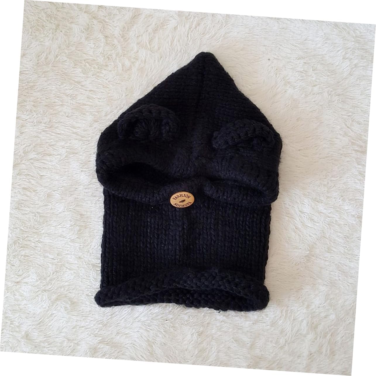 Cute Bear Hat Knitted Size Fits Boys and Girls Winter Beanie Hat Knit Cuffed Beanie Warm Scarf Black