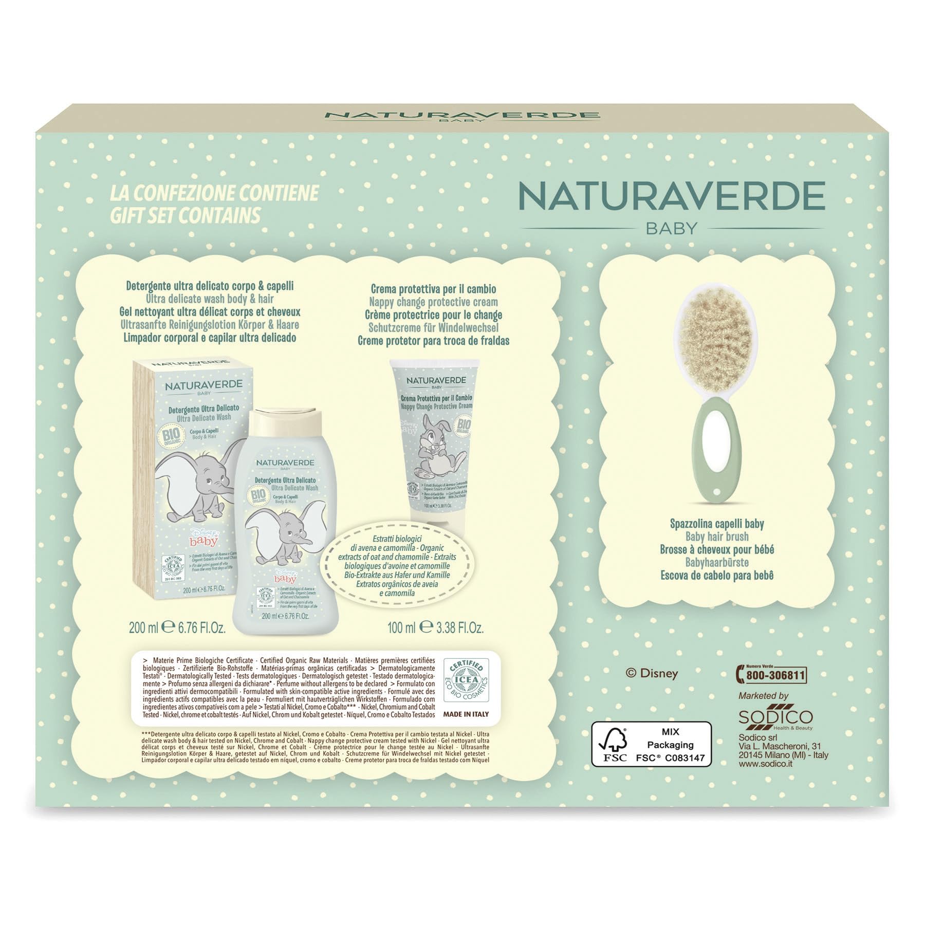 NATURAVERDE BIO BABY | Bio Disney Baby Detergente Delicato C&C 200ml + Crema Protettiva per il Cambio 100ml + Spazzola Capelli - Set Delicato per la Cura dei Più Piccoli