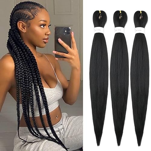 IXIMII Cabello trenzado preestirado negro de 26 pulgadas, 3 paquetes #1B de trenzas preestiradas, pelo sintético liso suave con textura Yaki