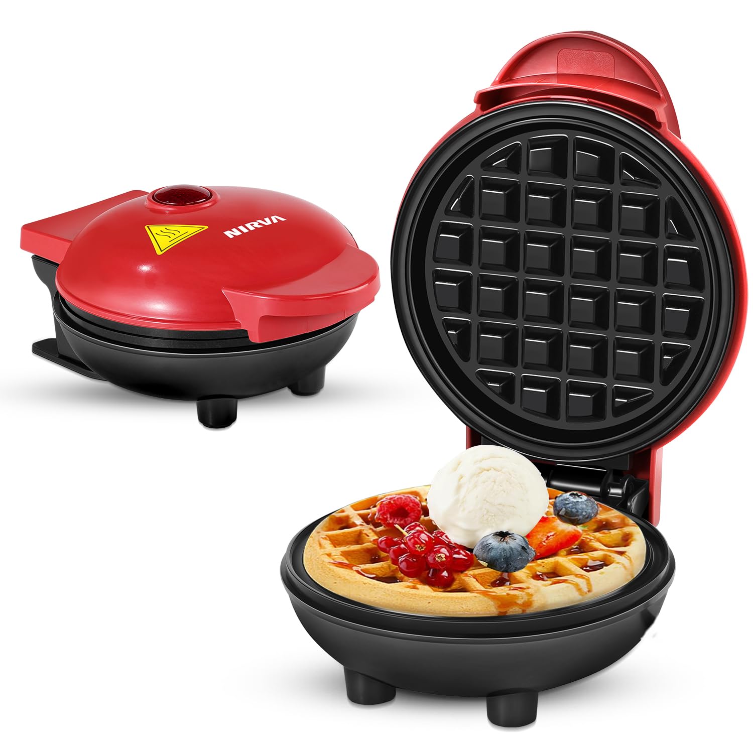 NIRVA Mini Waffeleisen, Kleiner Waffelmaker mit Antihaftbeschichtung, Kompakt für Single Haushalte & Kleine Küchen, 545 Watt, Rot, für Geburtstagsfeier, Familienfeiern, Ostern oder Weihnachten