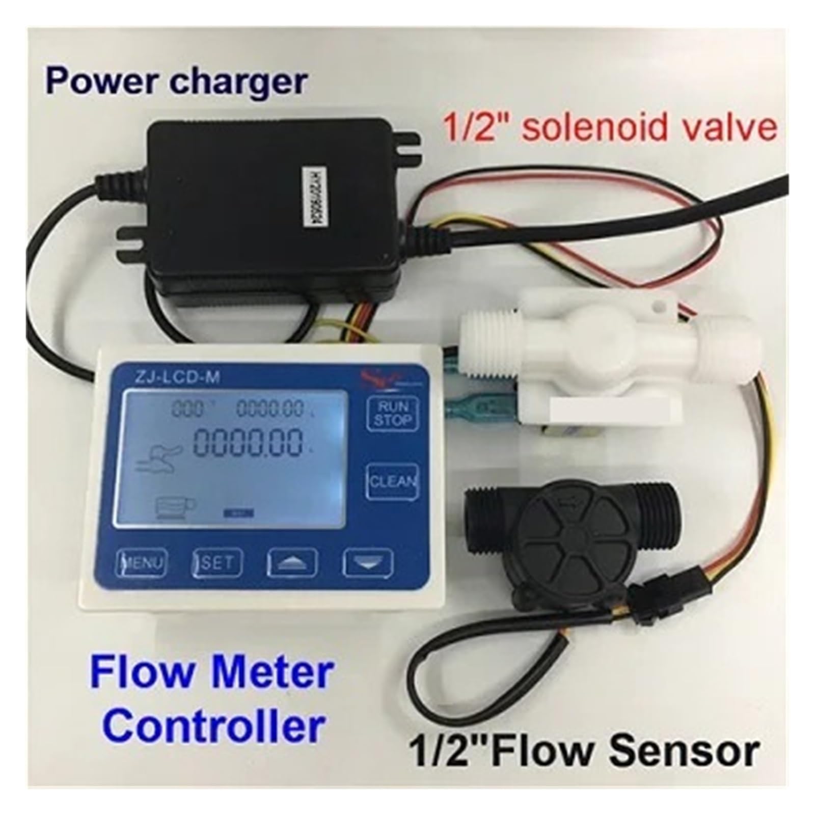 Conjunto de controlador de flujo de agua pantalla LCD + válvula solenoide + Sensor de flujo medidor contador indicador lector Largo tiempo de trabajo(With power charger)