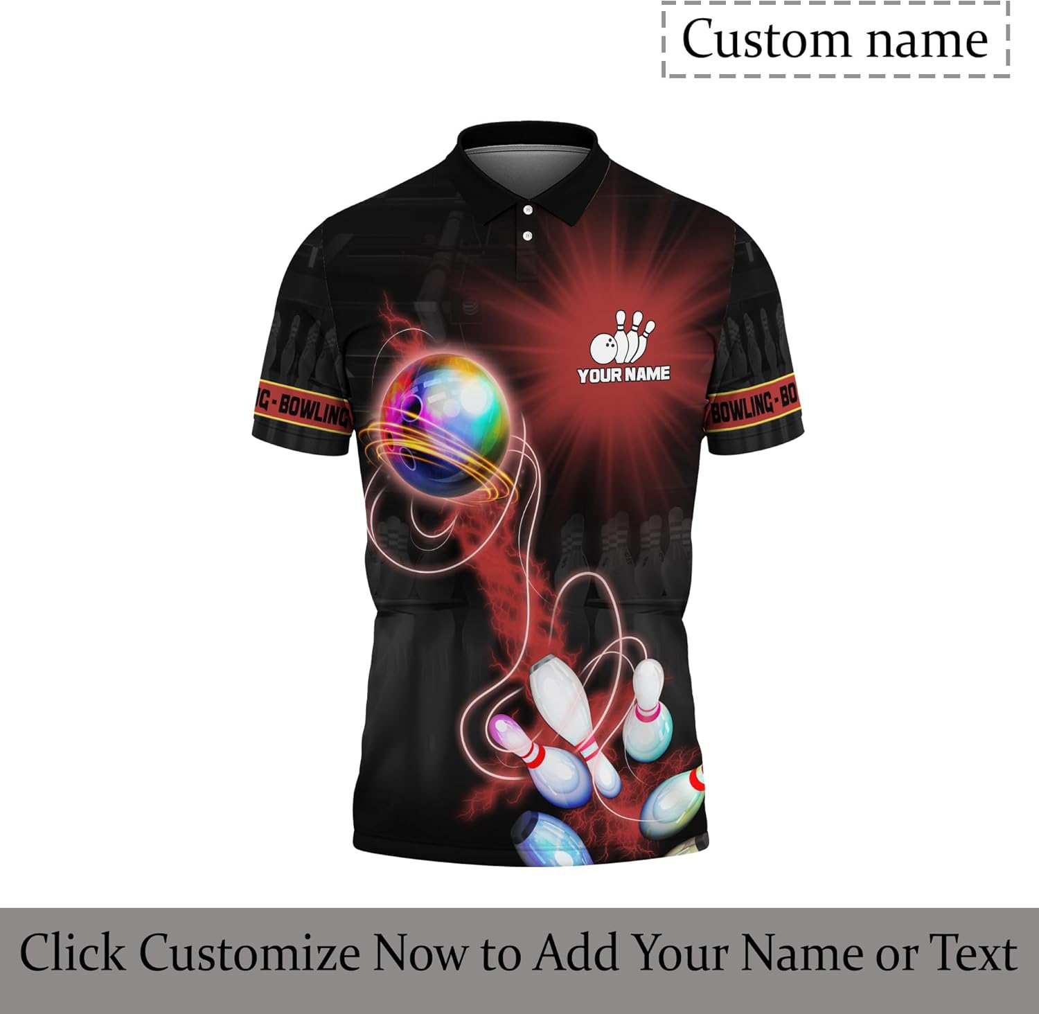 Customized Bowling Polo Printed Golf Shirt with Red Bowling Theme Graphic On it for Bowling Team