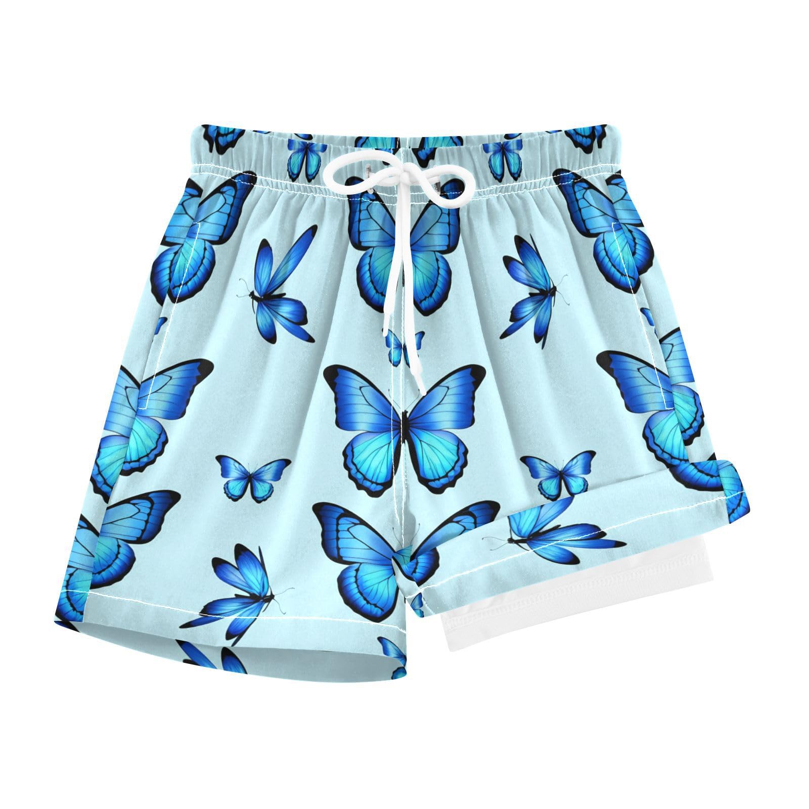 YANENDIE Boy Swim Trunks with Compression Liner Blue Butterflies Boys Swim Shorts Quick Dry Beach Shorts