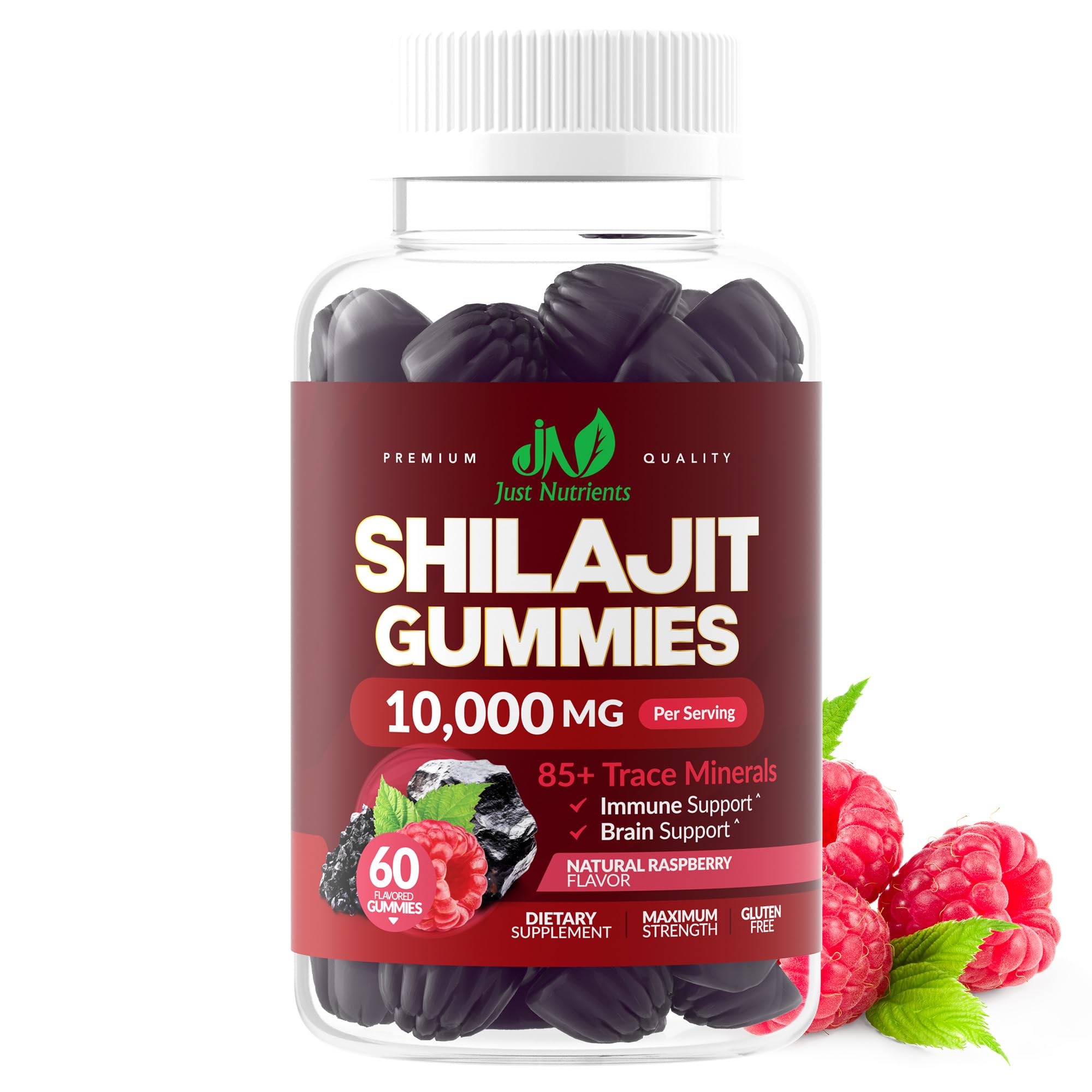 Shilajit Gummies 10,000mg for Men & Women - Maximum Strength Pure Himalayan Shilajit, Gluten-Free, Non-GMO, 100% Vegetarian - Natural Raspberry Flavor - 60 Count