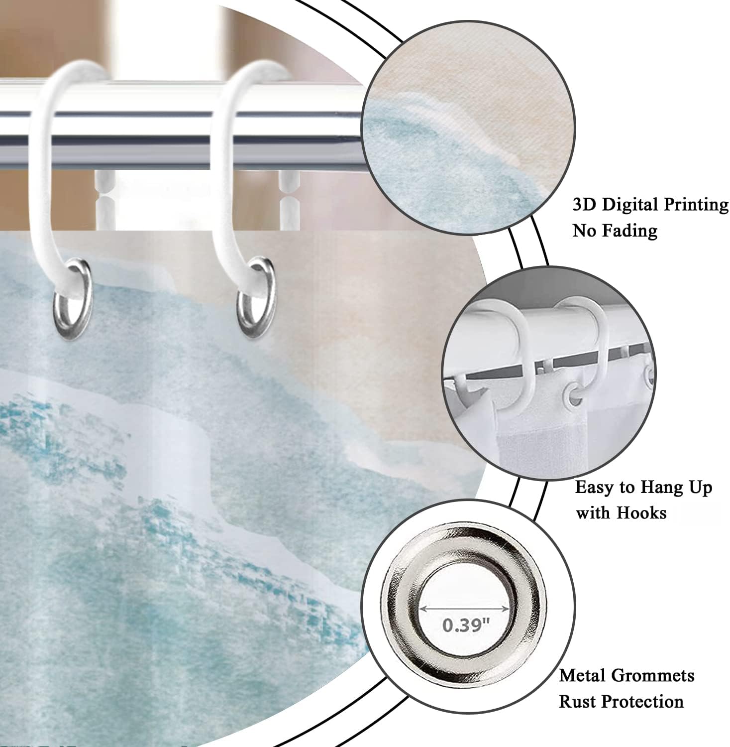 Beach Shower Curtain, Teal Blue Coastal Ocean Beach Theme Bathroom Curtain Waterproof Fabric Machine Washable with Hooks,72'' Wx84 L Blue Ocean Beach 84.00'' x 72.00'' (GCI-10229)