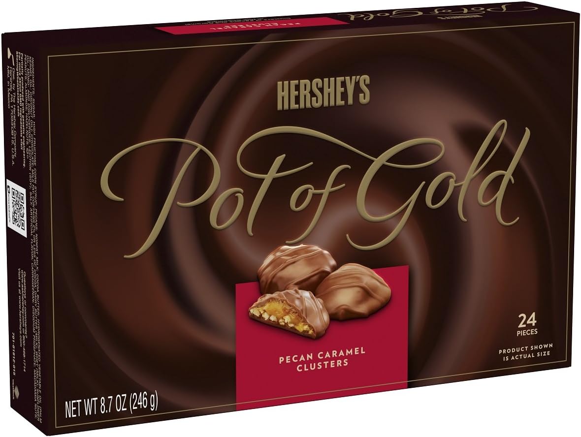 HERSHEY'S Pot of Gold Chocolate Candy Gift, Pecan Caramel Clusters, 8.7 Ounce (Pack of 2)