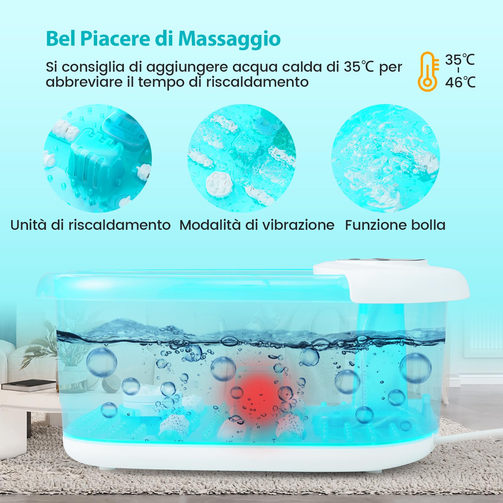 COSTWAY Pediluvio Massaggiatore per Piedi, Idromassaggiatore Plantare con Funzione Riscaldamento Bolle, Spegnimento Automatico, Pietra Esfoliante e Rulli Massaggianti, 33x39x18 cm (Azzurro)