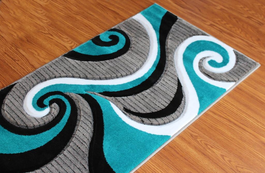 Masada Rugs, Sophia Collection Hand Carved Area Rug Modern Contemporary Turquoise White Grey Black (2 Feet 8 Inch X 10 Feet) Runner