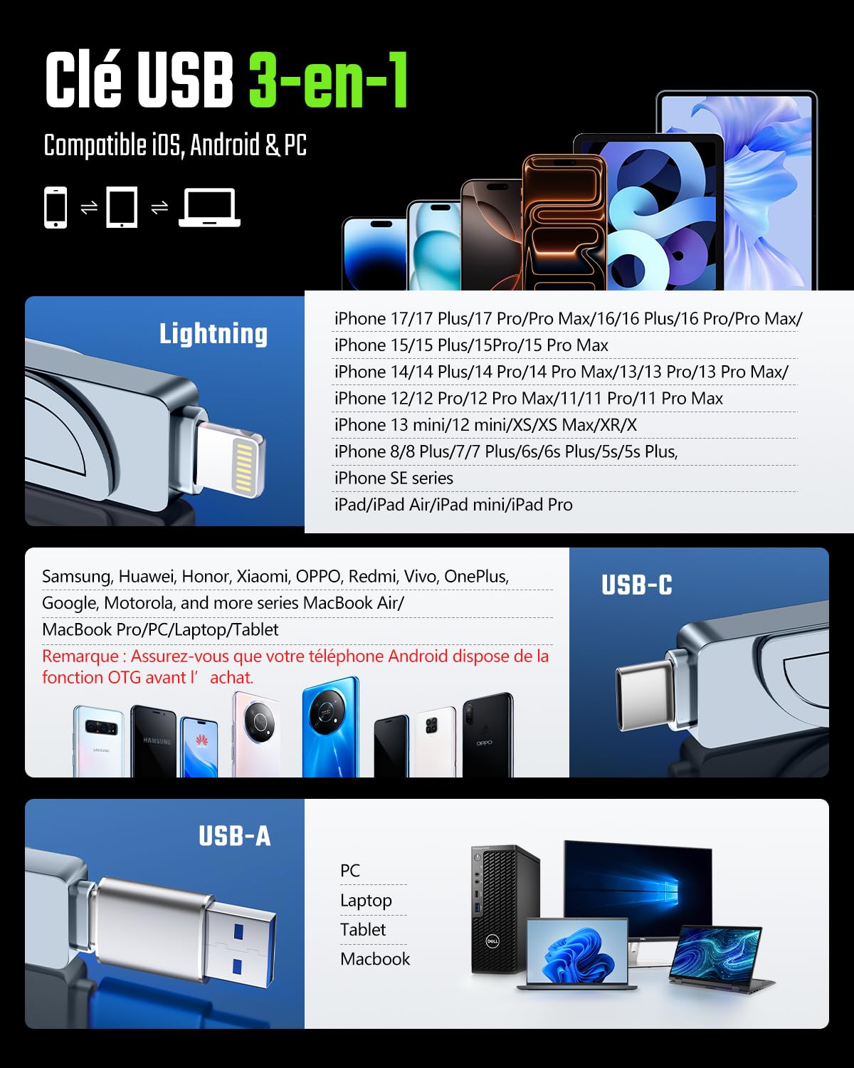 [sans App] Cle USB 256 Go,MFi Clé USB C pour iPhone,Lightning,USB 3.0,Gris