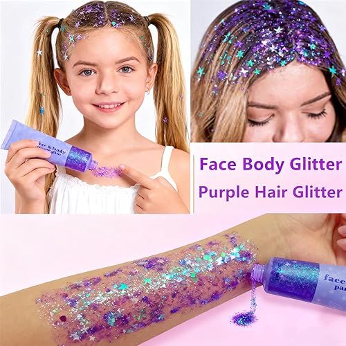 Miniatura 3 de Go Ho Gel de purpurina púrpura de sirena, purpurina holográfica para el cabello, traje de Mardi Gras para mujeres y niños, lentejuelas gruesas con