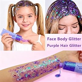 Go Ho Mermaid Purple Face Body Glitter Gel,Holographic Purple Hair Glitter,Mardi Gras Outfit for Women Kids,Chunky Sequins Glitters for Eye Lip Nails,Festival Rave Accessories